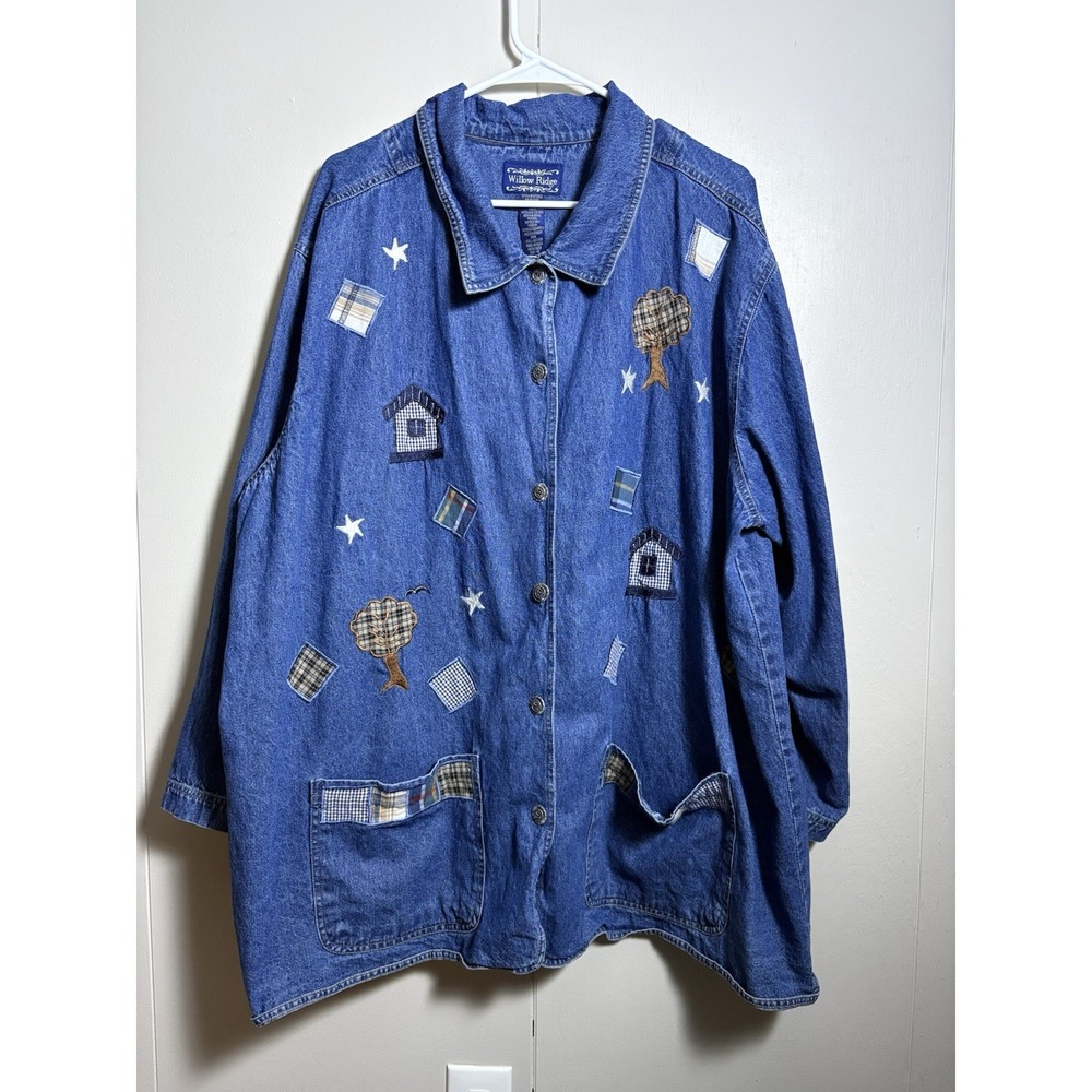 Willow Ridge Denim Shirt Jacket Womens 3X Blue Patchwork Cottagecore Embroidered